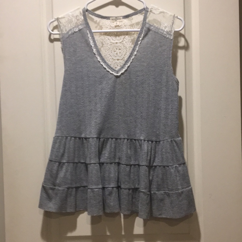 Anthropologie Light Blue Lace-Yoke Tiered Tank